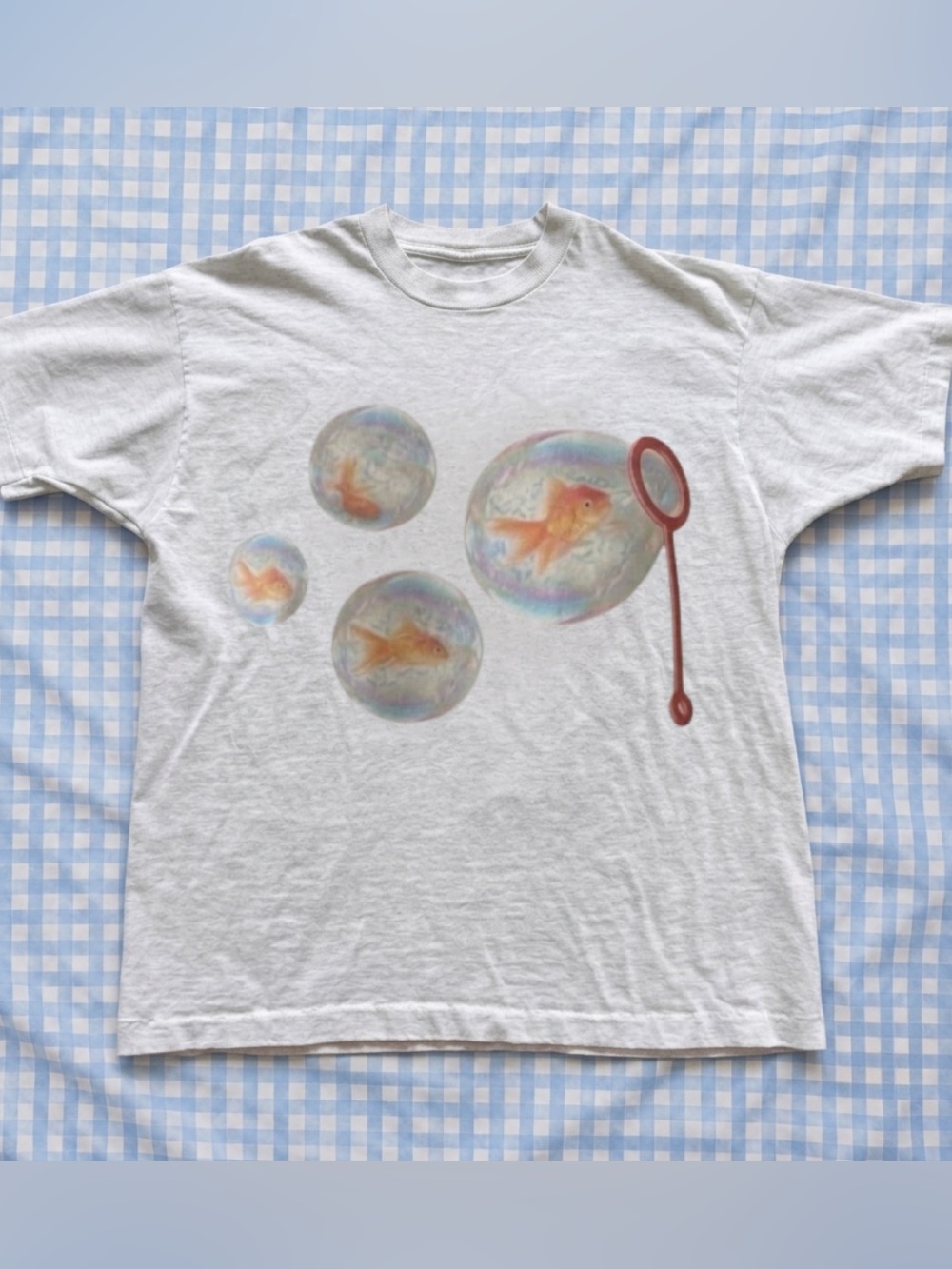 Gildan White Tee with Goldfish-in-Bubble Graphic, Retro and Vintage Style